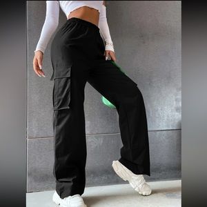 Solid High Waist Flap Pocket Cargo Pants